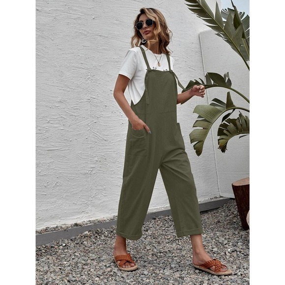 Suspender Style Overalls Wide Leg Jumpsuit with pockets boho olive green - Picture 4 of 11